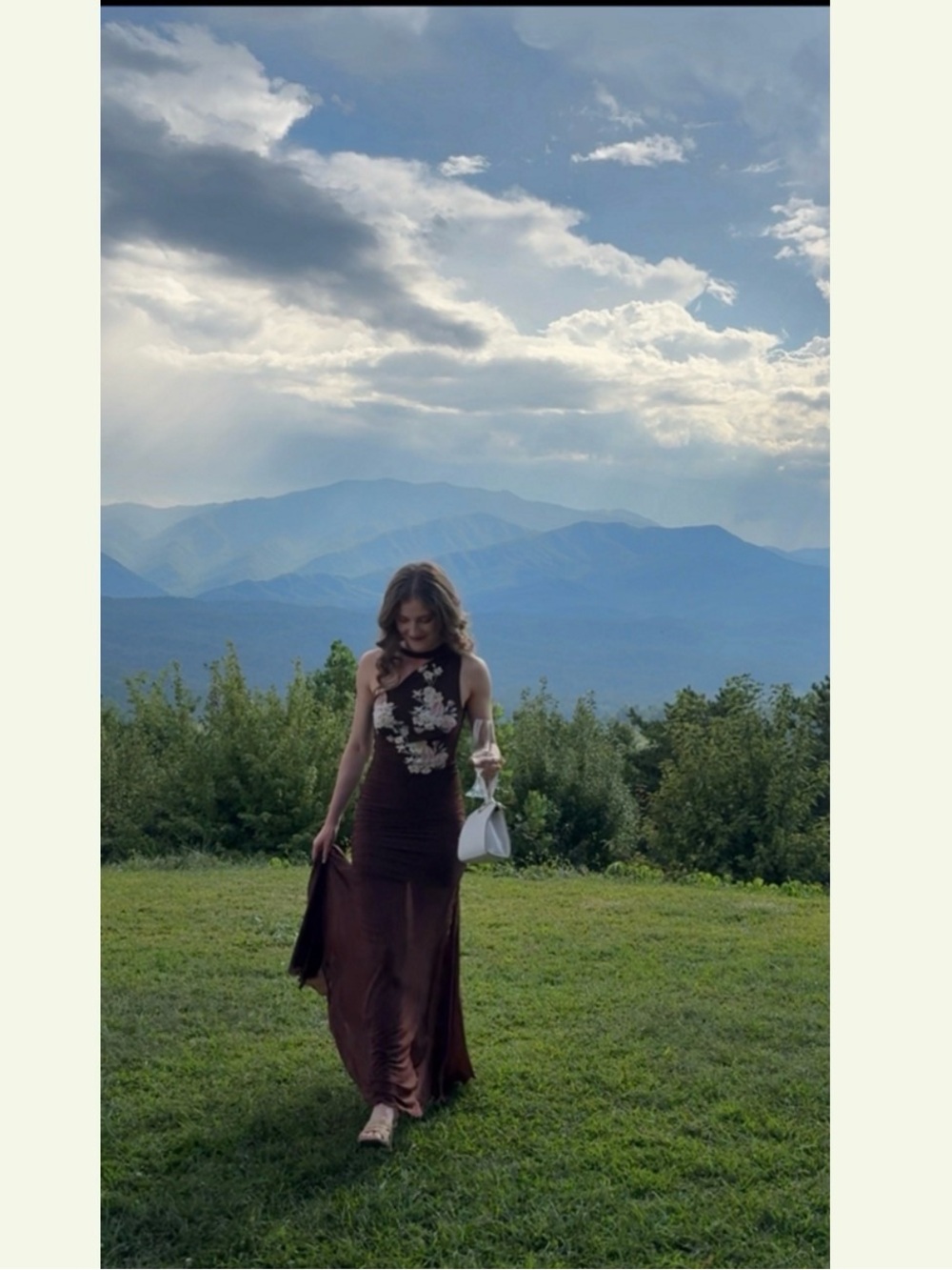 SAEMDI Mesh Embroidered Brown Floral Maxi Dress